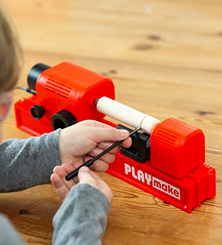 PLAYmake Kids’ 4-in-1 Woodshop Carpentry Cool Tool with Jigsaw, Lathe, Drill Press, Sander, Power Supply, Safety Goggles, Extra Supplies, and Deluxe HearthSong