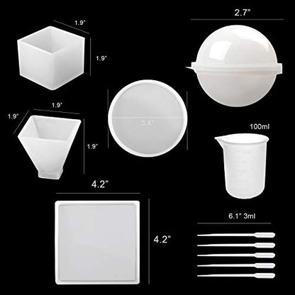 Silicone Resin Molds 5Pcs Resin Casting Molds Including Sphere, Cube, Pyramid, Square, Round with 1 Measuring Cup & 5 Plastic Transfer Pipettes for - WoodArtSupply