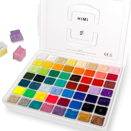 HIMI Gouache Paint Set, 56 Colors x 30ml/1oz, Contains Metallic and Fluorescent Colors, Jelly Cup Design, Non-Toxic, Guache Paint for Canvas and ABEIER