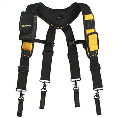 MELOTOUGH Magnetic Suspenders Tool Belt Suspenders with Large Moveable Phone Holder, Pencil Holder, Adjustable Size Padded Suspenders (Yellow) - WoodArtSupply