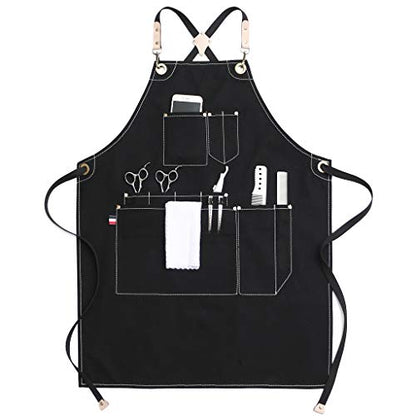 Jeanerlor Work Apron Waxed Canvas Stylist Apron with Pockets Water-Resistant Tool Aprons for Women Cross Back Straps Adjustable S-M（Black） - WoodArtSupply