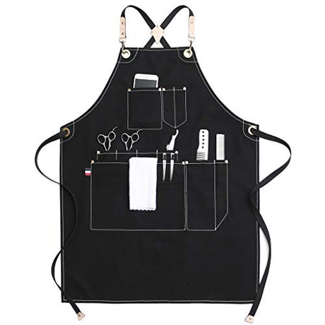 Jeanerlor Work Apron Waxed Canvas Stylist Apron with Pockets Water-Resistant Tool Aprons for Women Cross Back Straps Adjustable S-M（Black） Jeanerlor
