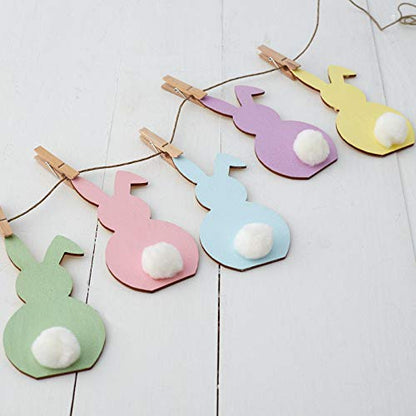 Factory Direct Craft Unfinished Wooden Floppy Ear Bunny Rabbit Garland Easter Craft Kit Unfinished Wood Bunnies, White Pom Poms, Twine and - WoodArtSupply