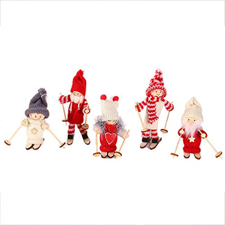 Amosfun Wood Figurine Decor 5PCS Christmas Ski Doll Ornaments Wooden Christmas Christmas Tree Hanging Decorations Pendants Holiday Shop Window Home Amosfun
