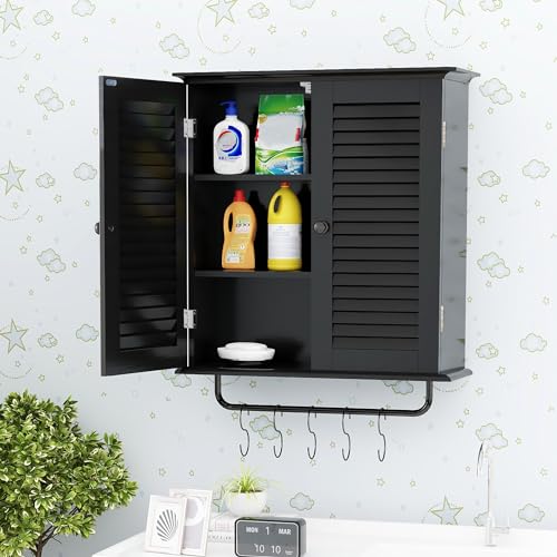 TaoHFE Bathroom Cabinet Wall Mounted Designer Bathroom Wall Cabinet Medicine Cabinet with Double Shutter Doors 3 Tier Adjustable Shelf with Towel - WoodArtSupply