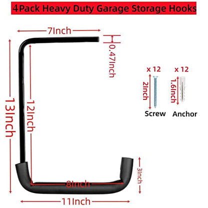 Locawaya Heavy Duty Garage Storage Hooks, Overhead Garage Storage Rack, 4 Pack Wall Mounted Ladder Hook, Utility Ceiling Hangers & Organizer for
