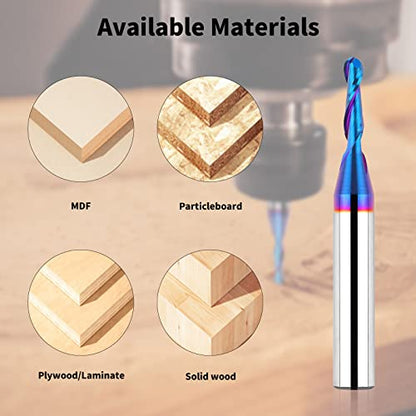 EANOSIC Carbide Ball Nose CNC Bit 1/4 Inch Shank, 1/8" Cutting Diameter End Mill Bits Spiral Router Bits Wood Milling Tool with Nano Blue Coating for