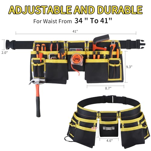 LOTKEY Tool Belt, 13 Pockets Tool Belts for Men Including Steel Hammer Loops Measuring Tape Holder Tool Pouch Adjustable Up to 41" for Woodworker, LOTKEY