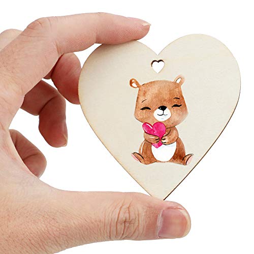 WYKOO 50 Pcs 3 Inch Natural Heart Wood Slices DIY Wooden Ornaments Unfinished Wooden Heart Embellishments with Natural Twine for Valentine's Day,