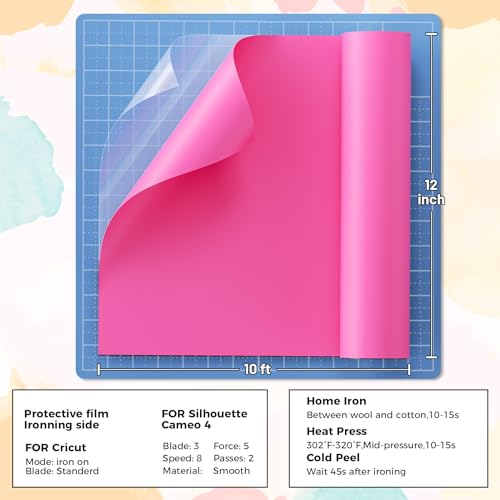 Hisiu Heat Transfer Vinyl Pink Iron on Vinyl, 12"x10ft Pink HTV Vinyl Roll Compatible with Cricut and All Cutter Machine, Easy to Cut, Weed, - WoodArtSupply