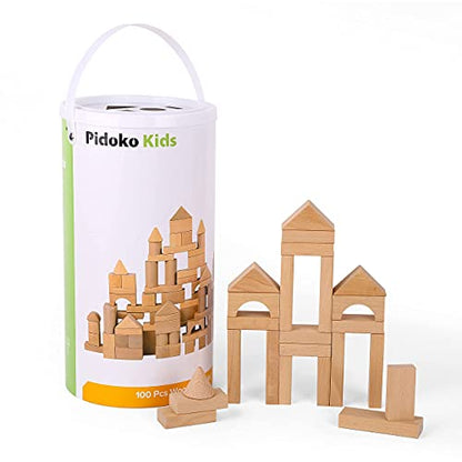 Pidoko Kids Wooden Blocks - 100 Pcs - Building Blocks for Toddlers - Includes Storage Container with Shape Sorter Lid - Natural Beech Wood Blocks -