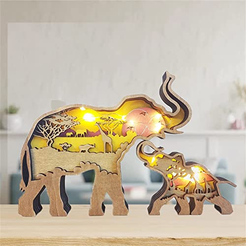 3D Wooden Forest Animal Wall Decor with Light String - Handcrafted Elephant Ornaments for Home Decoration - WoodArtSupply