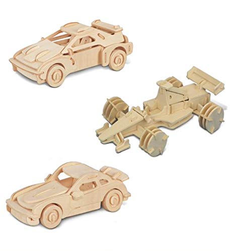 Puzzled Bundle of Cars: F-20, P911, and Race Car Wooden 3D Puzzles Construction Kits - Fun & Educational DIY Racing Toys, Assemble Model Unfinished Puzzled