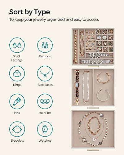 SONGMICS Jewelry Box with Glass Lid, 3-Layer Jewelry Organizer, 2 Drawers, for Big and Small Jewelry, Jewelry Storage, Modern Style, 8 x 9.1 x 5.3