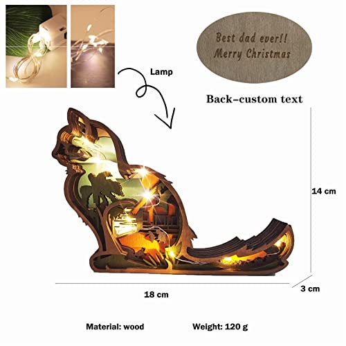 3D Forest Animal Wood Crafts with Light String, Light Up Home Furnishing Wall Carving Decorations Wolf Ornament Wooden Art Wall Decor,Cat,with Lights - WoodArtSupply