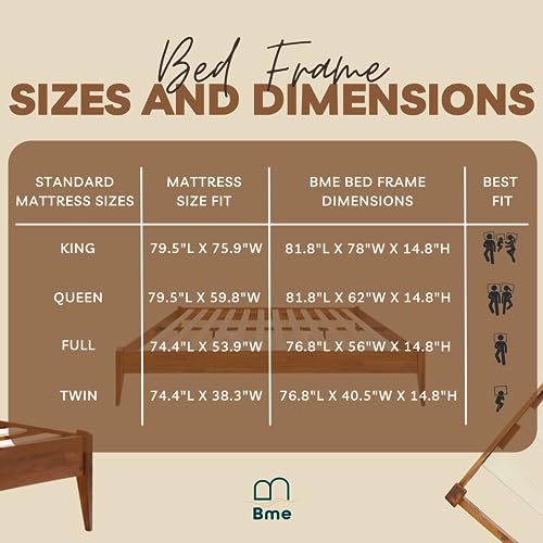 Bme Dinkee Solid Wood Queen Bed Frame - Modern Minimalist Design with Wood Slat Support Bme