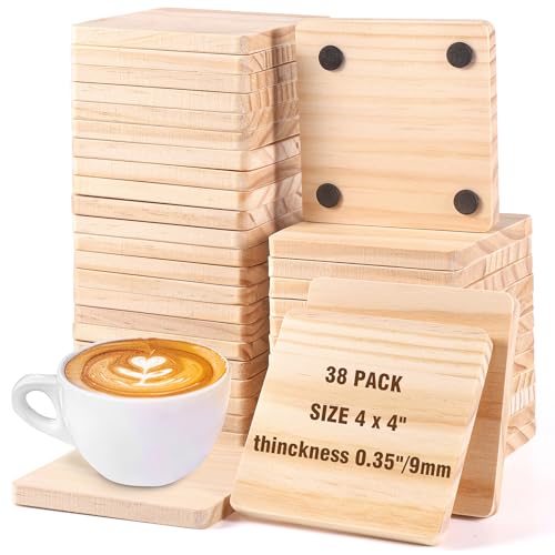 38 Pack Unfinished Wood Coasters, 4 Inch Square Blank Wooden Coasters Crafts Coasters with Non-Slip Silicon Dots for DIY Architectural Models Drawing
