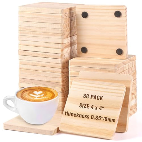 38 Pack Unfinished Wood Coasters, 4 Inch Square Blank Wooden Coasters Crafts Coasters with Non-Slip Silicon Dots for DIY Architectural Models Drawing Aweyka