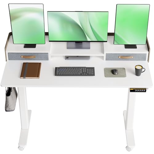 YDN Standing Desk with Drawers, 48 Inch Standing Desk Adjustable Height, Adjustable Electric Stand Up Sit Stand Small Desk with Storage and Shelf,
