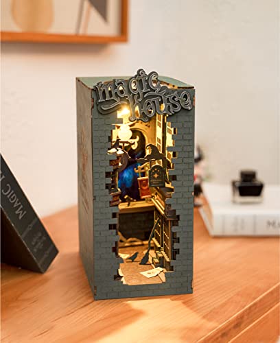 ROBOTIME DIY Book Nook Kit Decorative Booknook Bookshelf Insert Bookcase Book Stand 3D Wooden Puzzle DIY Miniature House Kit with LED Light Model Kit ROBOTIME