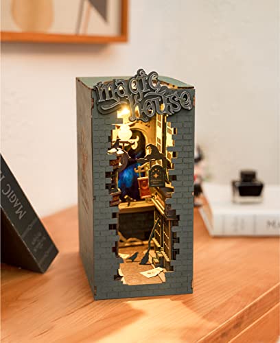 ROBOTIME DIY Book Nook Kit Decorative Booknook Bookshelf Insert Bookcase Book Stand 3D Wooden Puzzle DIY Miniature House Kit with LED Light Model Kit