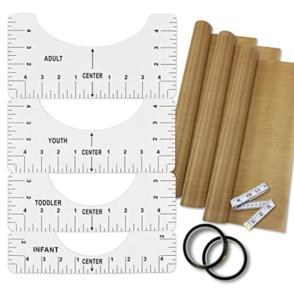 T-Shirt Alignment Ruler Heat Resistant Tape 10mm X 33m 108ft, PTFE Teflon Transfer Sheet 16 x 20" - 4 Rulers, 2 Rolls Heat Resistant Tape, 3 Packs - WoodArtSupply