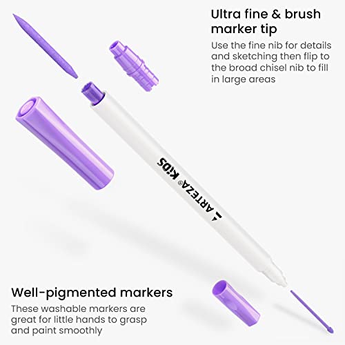 ARTEZA Kids Dual Tip Washable Markers, 24 Bright Colors, Marker Pens with Ultra Fine and Brush Tip, School Supplies for Kids Ages 3 and Up ARTEZA