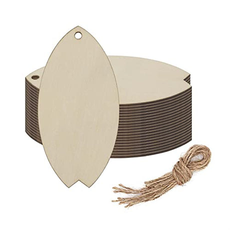 20pcs Surfboard Shape Unfinished Wood Cutouts DIY Crafts Blank Wooden Hanging Gift Tags Ornaments with Ropes for Summer Sea Beach Themed Party JANOU