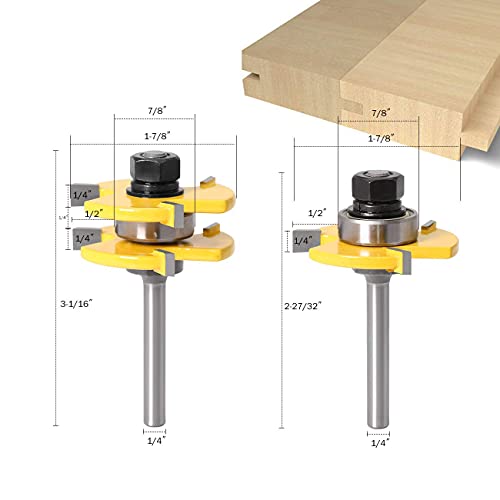 WICHEMI 1/4 Shank Tongue and Groove Router Bits+ 1/4 Shank 45° Lock Miter Router Bit, Wood Milling Cutter Woodworking Grooving Tool Kit for Router WICHEMI