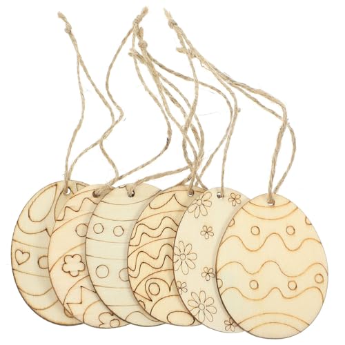 KALLORY Easter Egg Wooden Cutouts with Rope 60pcs Easter Egg Unfinished Wood Ornaments Egg Shaped Blank Wooden Slices for Easter Spring Hanging KALLORY
