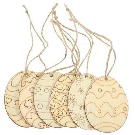 KALLORY Easter Egg Wooden Cutouts with Rope 60pcs Easter Egg Unfinished Wood Ornaments Egg Shaped Blank Wooden Slices for Easter Spring Hanging KALLORY