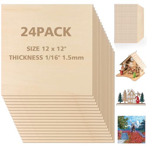 Basswood Sheets 1/16 x 12 x 12 inch - 1.5mm Basswood Sheets Plywood Sheets, 24Pcs Square Unfinished Wood Board for DIY Crafts, Laser Cutting, Wood - WoodArtSupply