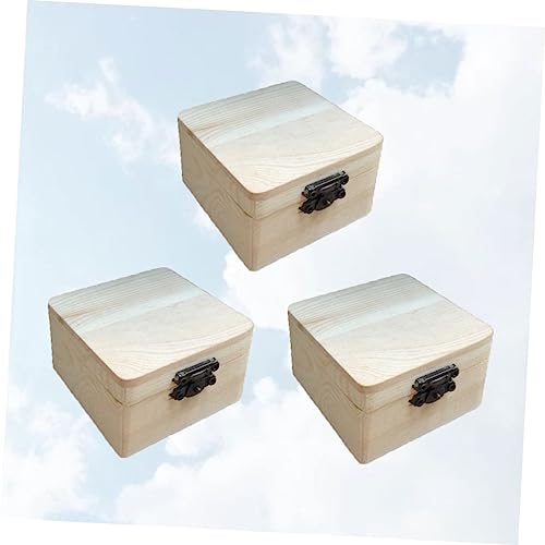 TEHAUX 3 Pcs Unfinished Wood Treasure Chest Memory Chest Wooden Jewelry Case Wooden Case with Antique Jewelry Organizer Unfinished Wooden Case Lock TEHAUX