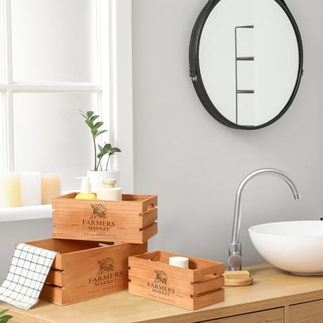 Barydat Set of 5 Wood Crates for Vintage Decorative Display Wooden Boxes Farmhouse Style Nesting Wooden Crates with Open Handles Storage Decorative Barydat