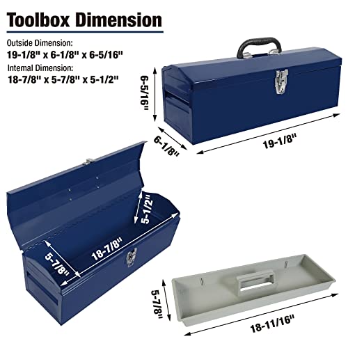 TCE ATB101U Torin 19" Hip Roof Style Portable Steel Tool Box with Metal Latch Closure and Removable Storage Tray, Blue - WoodArtSupply