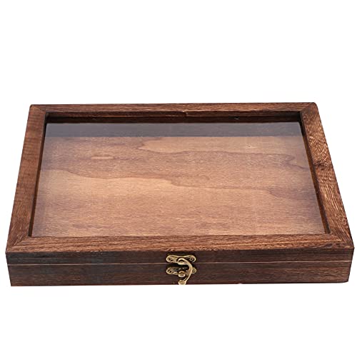 Cabilock Wood Glass Top Display Case Wooden Jewelry Display Case Storage Tray Collectibles Organizer Wood Keepsake Collector Storage Box with Metal Cabilock