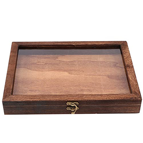 Cabilock Wood Glass Top Display Case Wooden Jewelry Display Case Storage Tray Collectibles Organizer Wood Keepsake Collector Storage Box with Metal Cabilock