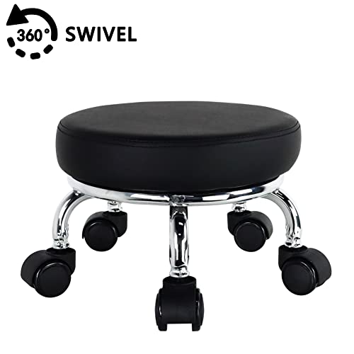 WKWKER Modern Roller Seat PU Leather Low Round Rolling Stool 360° Swivel Small Stool with Universal Caster Wheels Foot Stool for Home Office Garage WKWKER