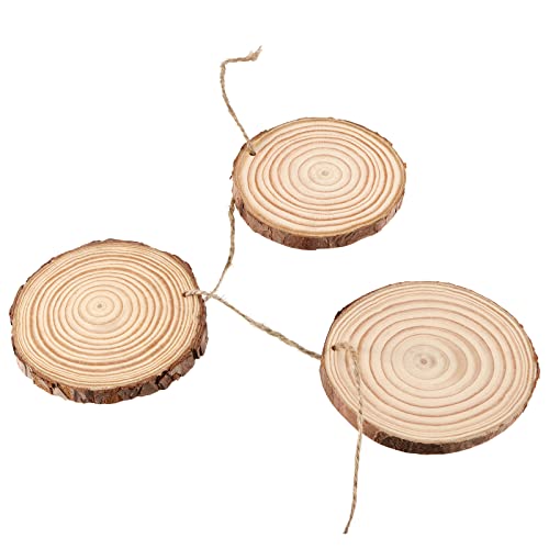 JOIKIT 50PCS 3.5-4 Inches Natural Wood Slices Bulk, 2/5" Thick Unfinished Natural Wood Circles with Pre-drilled Hole and Bark for Craft Arts, JOIKIT