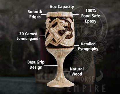 Handmade 6oz Wooden Wine chalice for Men Women (Jörmungandr Style) with Hand Pyrography Woodburning - Viking-Style Drinking Vessel| Tankard| Wood - WoodArtSupply