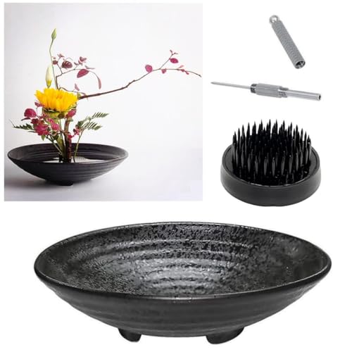 Eggone Japanese Ikebana Kit Floral Frog Flower Container with Kenzan Needle Straightening Tool - 1.57inch Black Flower Frog, 6.7inch Bowl Vase - WoodArtSupply