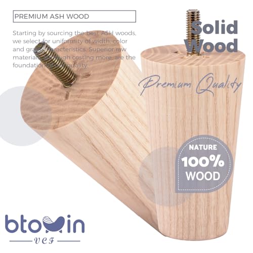 Btowin VCF 6 inch / 15cm Ash Wood Furniture Legs, 4Pcs Mid-Century Modern Unfinished Wooden Tapered Replacement Feet with 5/16'' Hanger Bolts & Btowin VCF