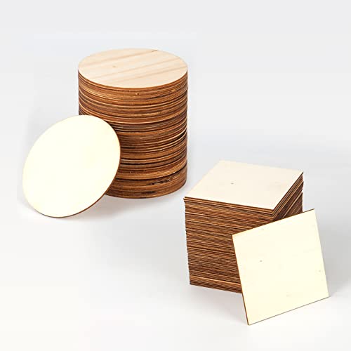 100 PCS Unfinished Wood Pieces 4 x 4 Inch Blank Wooden Slices Wood Chips for Home Decoration Wooden Coasters and DIY Crafts, Includes 50 Pcs Wood