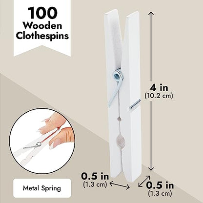 Juvale 100 Pack Wooden Clothespins for Hanging Laundry, Crafts, Photos (White, 4 in) - WoodArtSupply