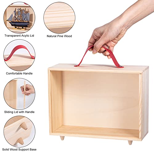 Wooden Display Case for Collectibles, Useekoo Wood Gift Box Storage Container with Handle and Slide Acrylic Lid, Shadow Box Unfinished Rustic Desktop