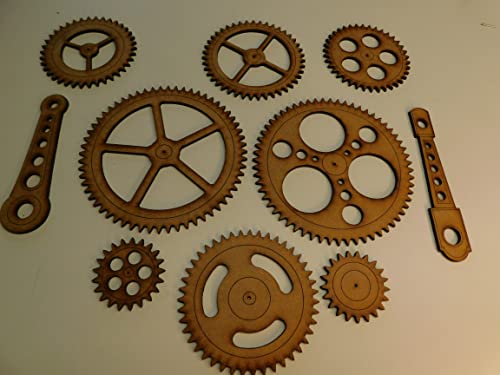 Steampunk Gears Wall Decor - Eight Gears, Two Push Rods - UNFINISHED - Free Shipping - Wood Gears Generic