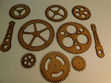 Steampunk Gears Wall Decor - Eight Gears, Two Push Rods - UNFINISHED - Free Shipping - Wood Gears Generic
