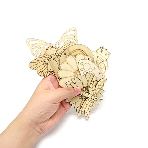 Honbay 40PCS Unfinished Spring Wooden Cutouts Wood Butterfly Sunflower Beetle Flower Dragonfly Mushroom Bee Snail Slices for DIY Crafts Home - WoodArtSupply