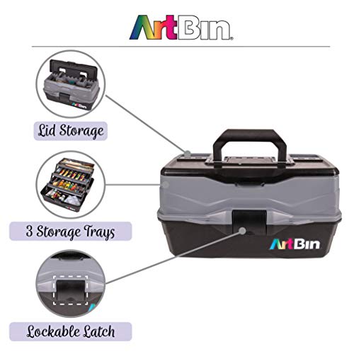 ArtBin 6893AG 3-Tray Art Supply Box, Portable Art & Craft Organizer with Lift-Up Trays, [1] Plastic Storage Case, Gray/Black ArtBin