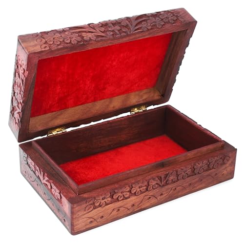 Ajuny Handcarved Wooden Decorative Treasure Chest Box Tree Pattern - Multipurpose Use As Jewelry Storage, Watch Box, Great for Gifts - Brown, 8X5